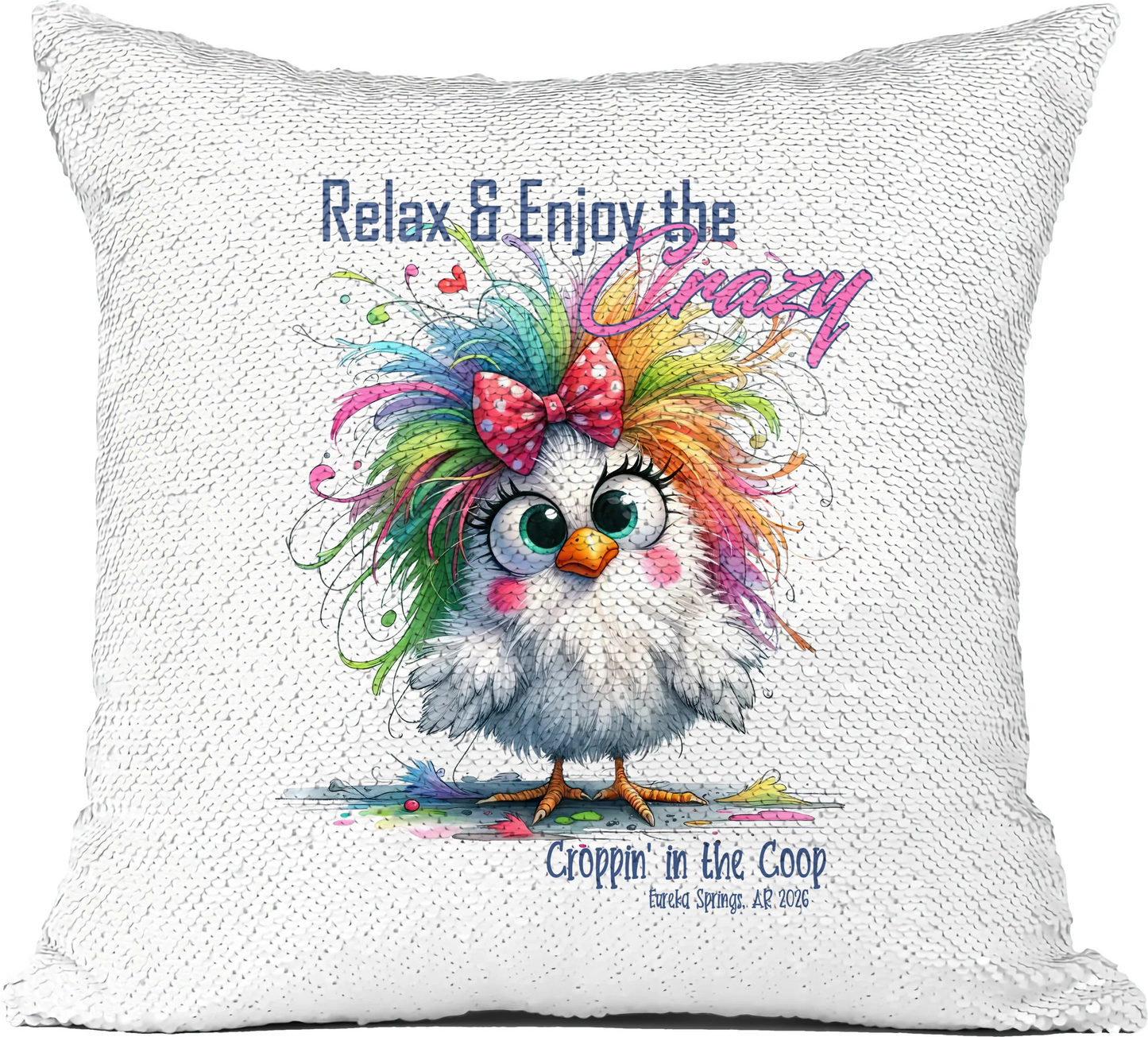 Transparent Croppin' in the Coop sequin pillow mockup