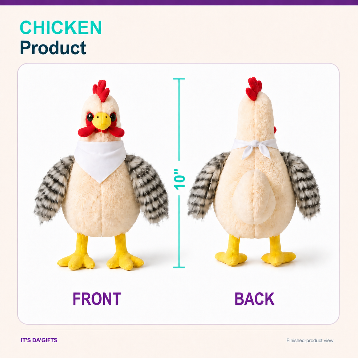 Chicken plushie product front and back views with 10-inch height