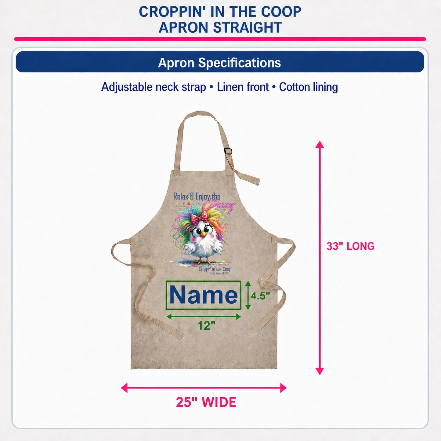 Croppin' in the Coop apron specifications