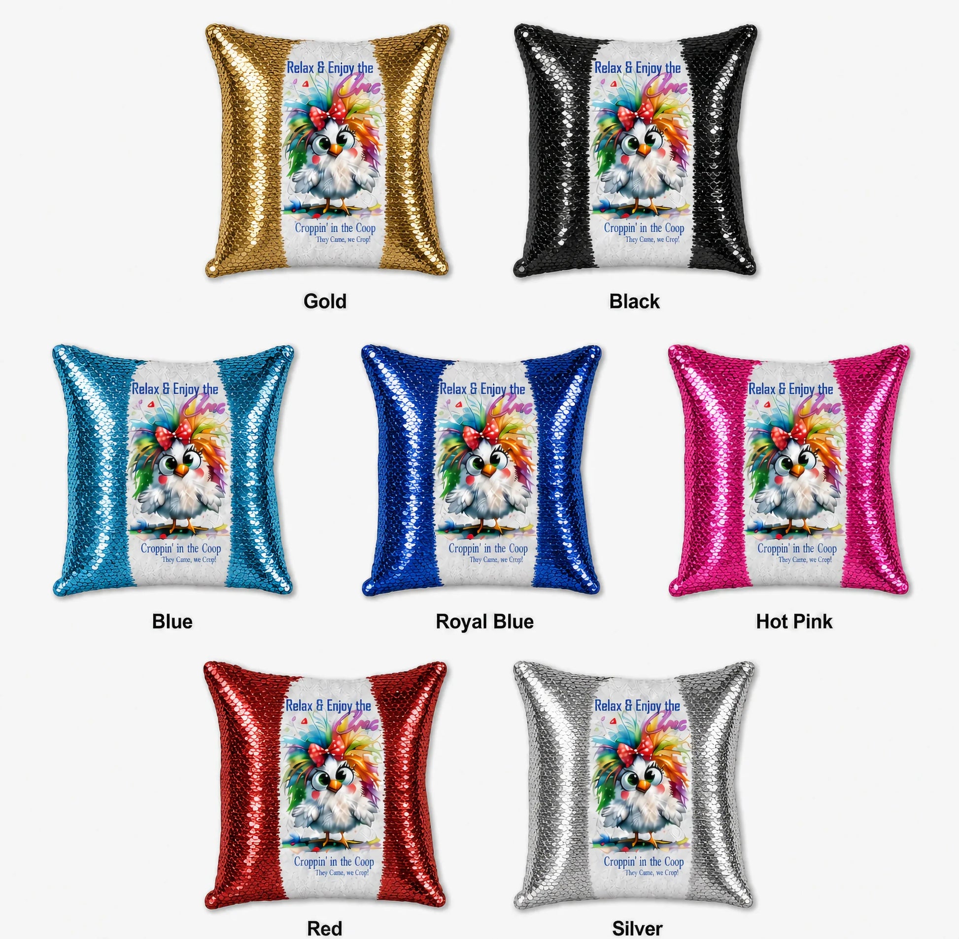 Croppin' in the Coop sequin pillow colors