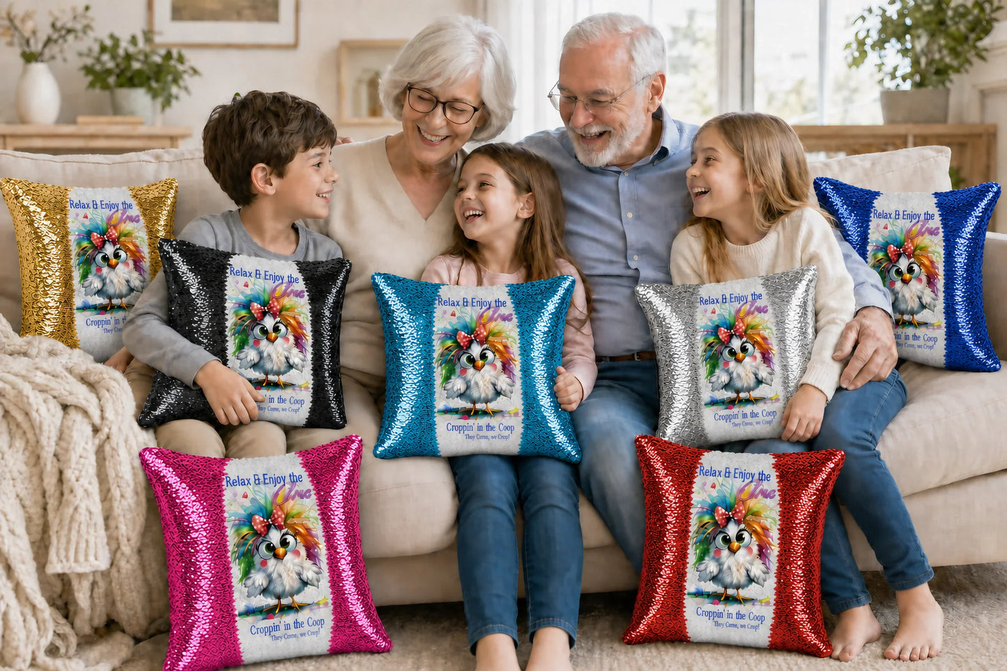 Family with Croppin' in the Coop sequin pillows