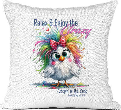 Transparent Croppin' in the Coop sequin pillow mockup