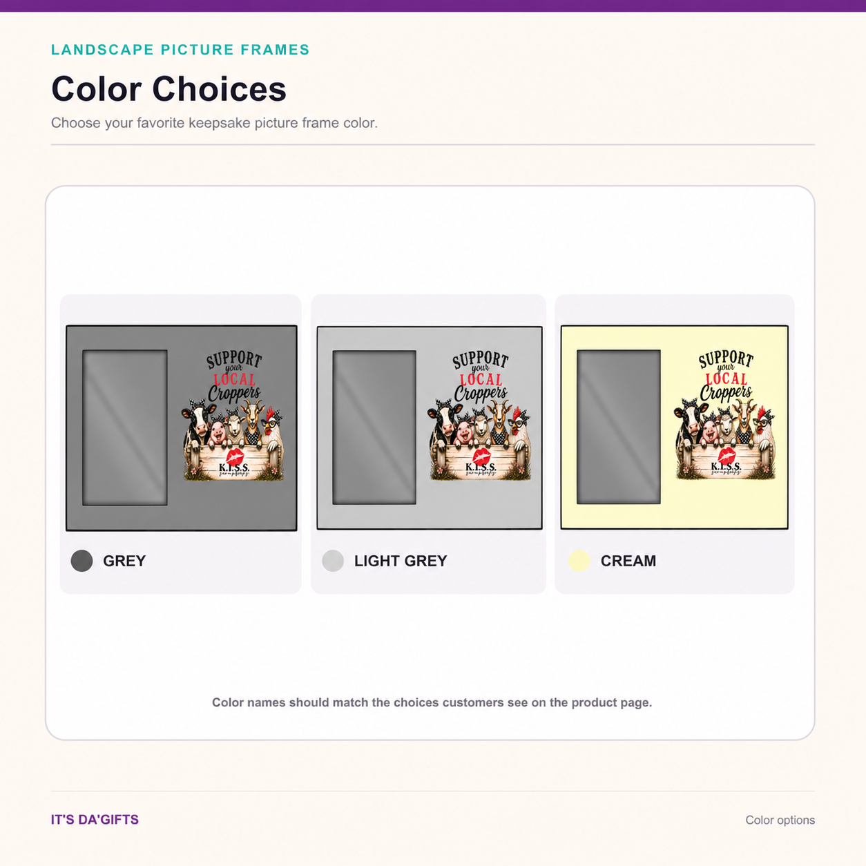 K.I.S.S. landscape picture frame color choices: Grey, Light Grey, and Cream