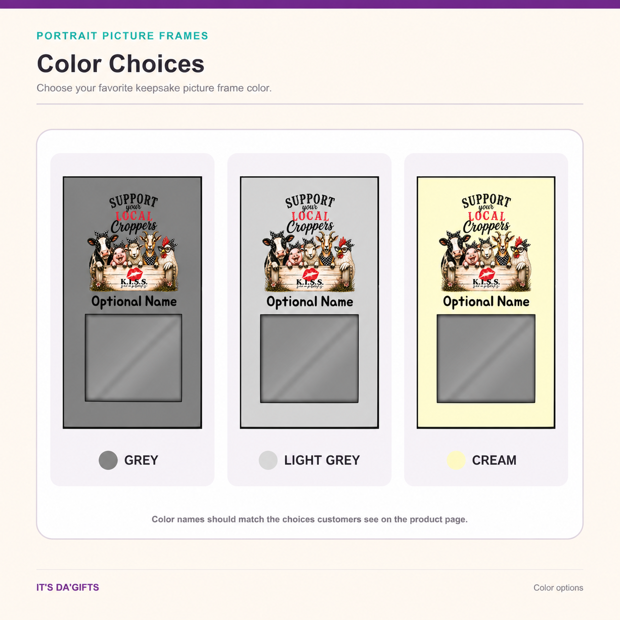 K.I.S.S. portrait picture frame color choices: Grey, Light Grey, and Cream
