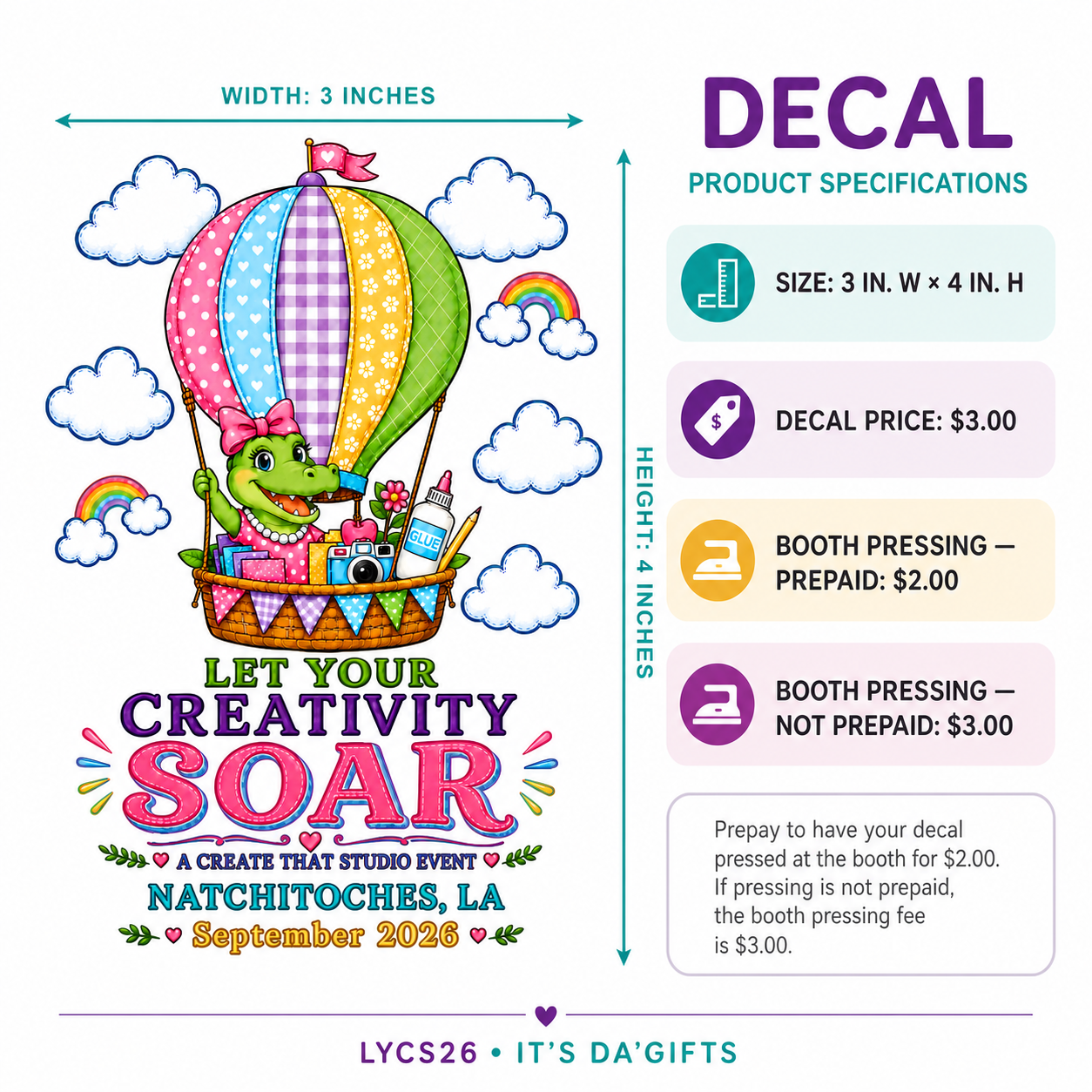 Let Your Creativity Soar decal, 3 inches wide by 4 inches high