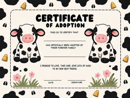 Mootilda the Cow certificate of adoption