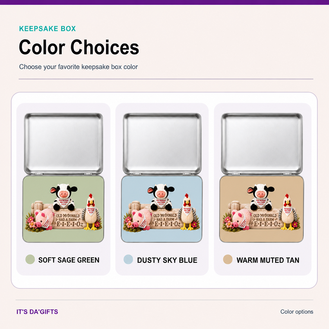 Keepsake box color choices: Soft Sage Green, Dusty Sky Blue, and Warm Muted Tan