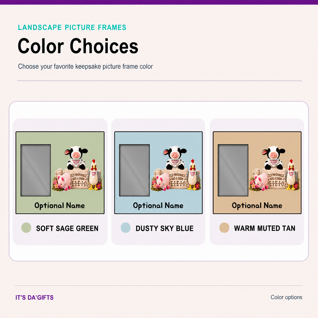 Landscape picture frame color choices: Soft Sage Green, Dusty Sky Blue, and Warm Muted Tan