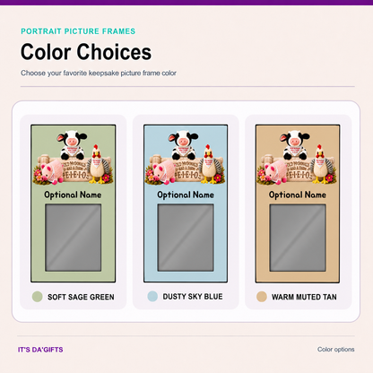 Portrait picture frame color choices: Soft Sage Green, Dusty Sky Blue, and Warm Muted Tan