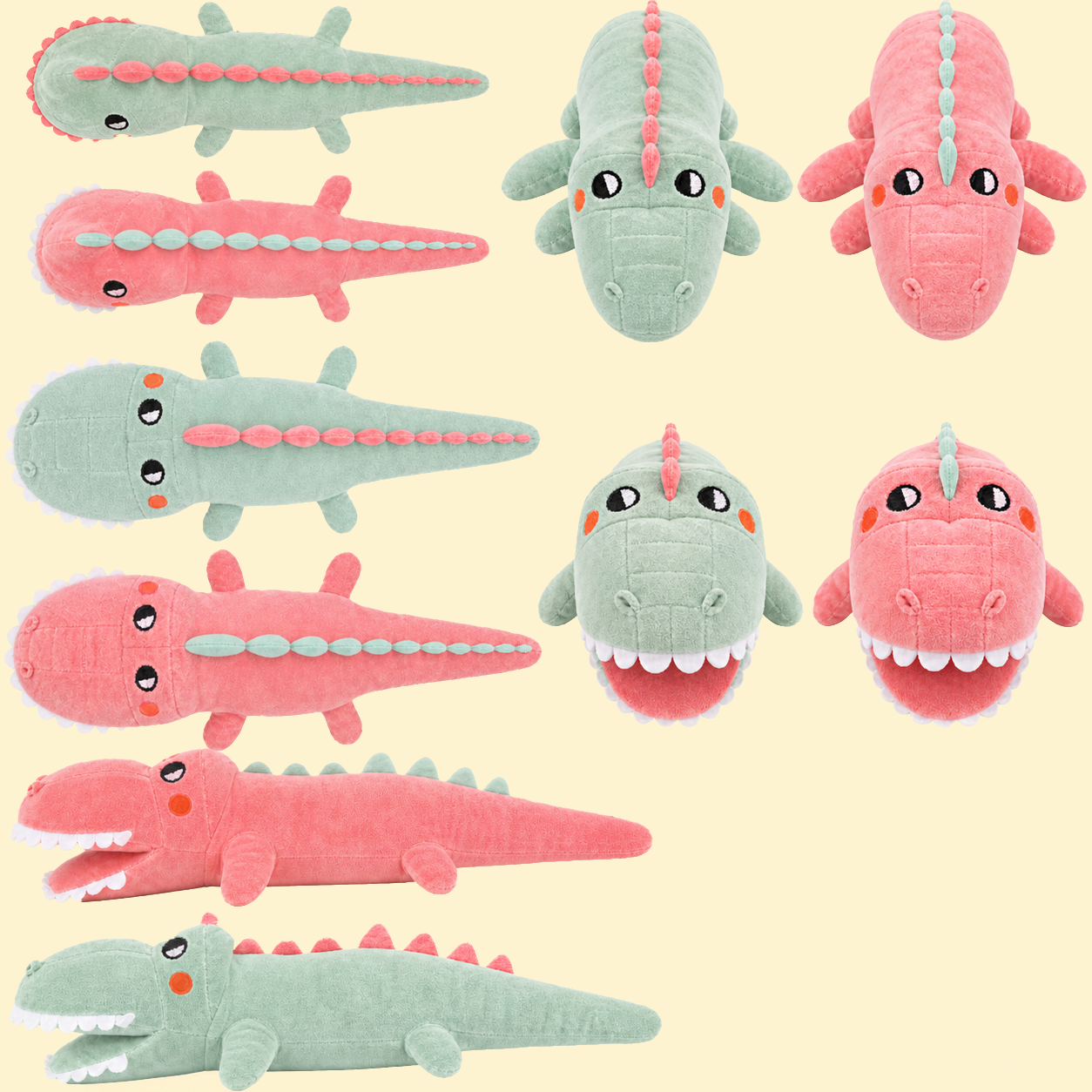 Opal and Jade alligator plushies in pink and green