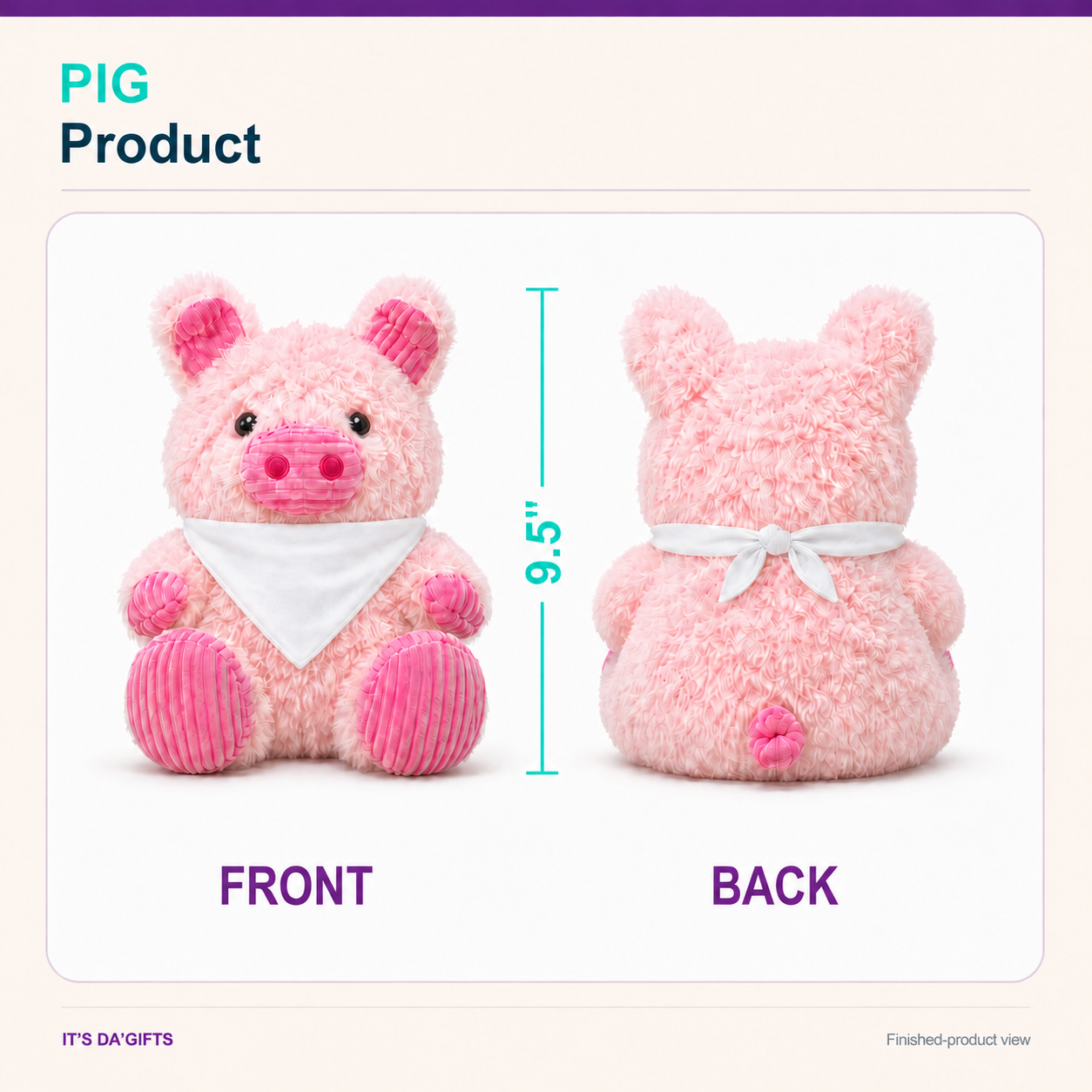 Pig plushie product front and back views with 9.5-inch height
