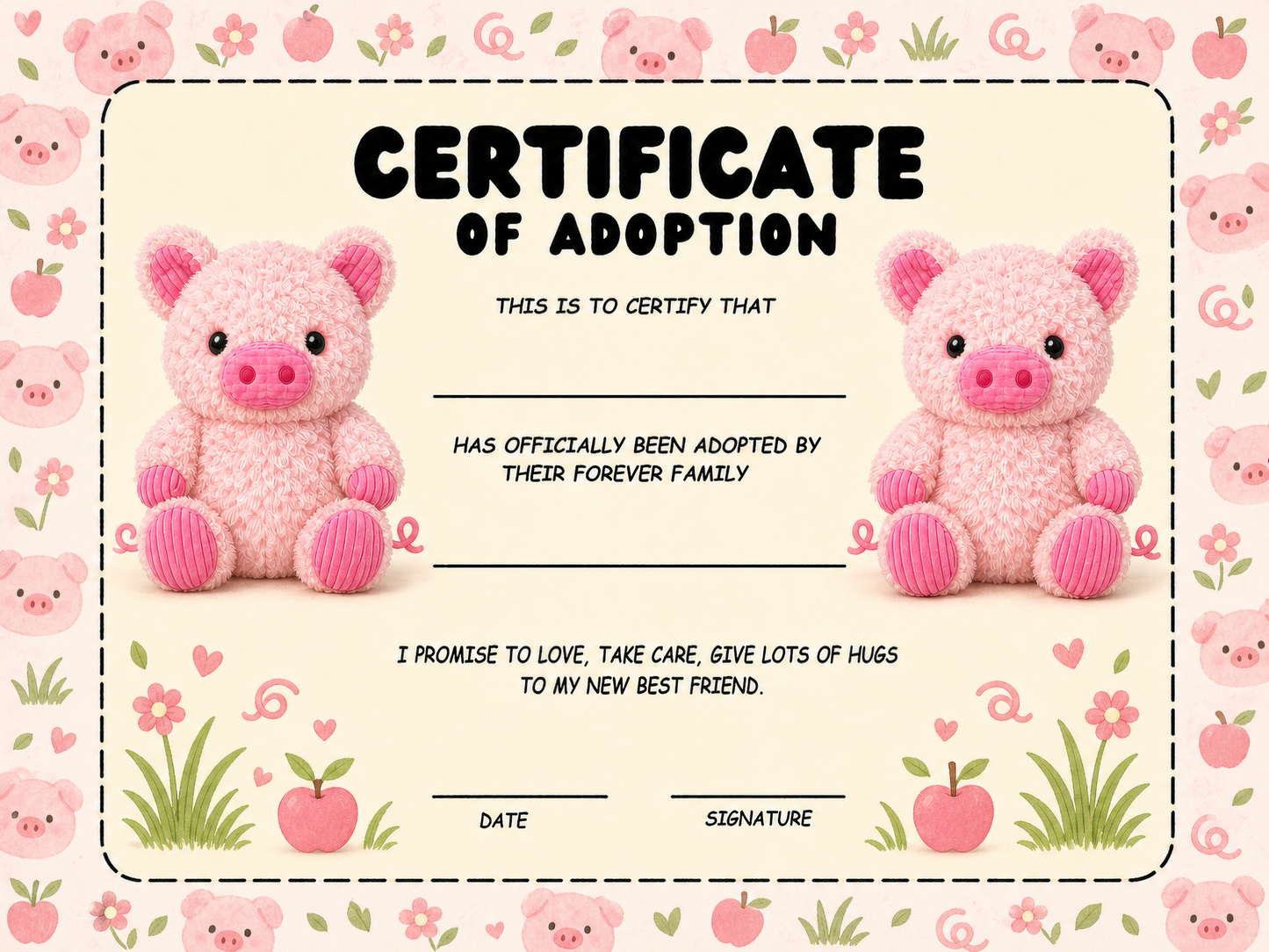 Truffles the Pig certificate of adoption